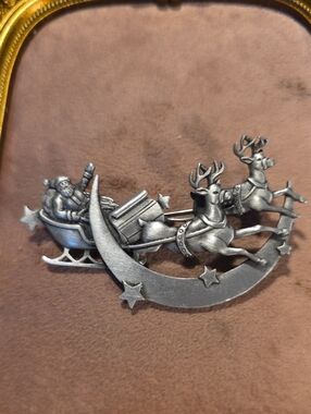 Vintage JJ Jonette Jewelry Pewter Santa Sleigh Reindeer Moon Christmas Brooch